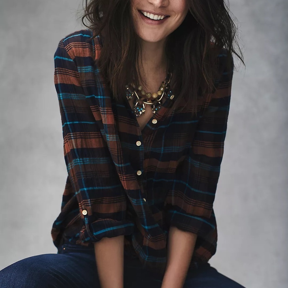 ANTHROPOLOGIE Isabella Sinclair Western Plaid Twist Front Button Blouse Shirt